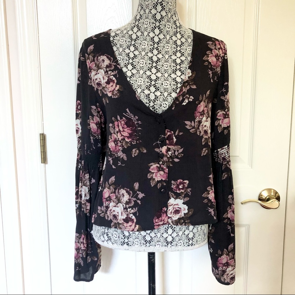 Honey Punch Floral Button Down Wide Sleeve Top